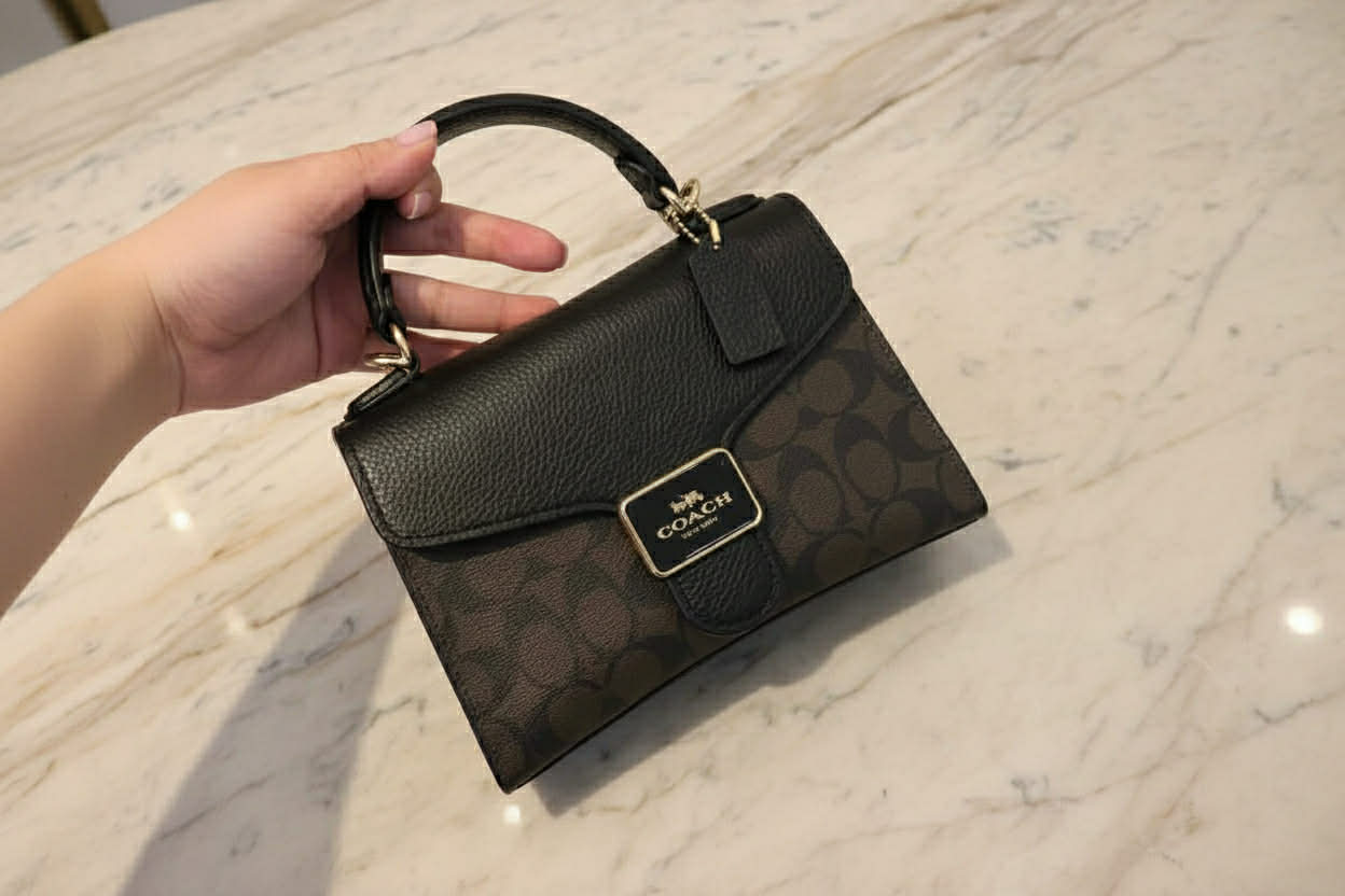 COACH SMALL PEPPER SATCHEL TOP HANDLE IN SIGNATURE BROWN BLACK
