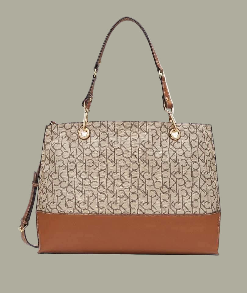 CALVIN KLEIN TOTE IN SIGNATURE LOGO BEIGE/BROWN- XL OPEN WITH LARGE ZIP POUCH & LONG STRAP