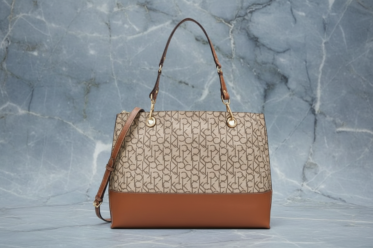 CALVIN KLEIN TOTE IN SIGNATURE LOGO BEIGE/BROWN- XL OPEN WITH LARGE ZIP POUCH & LONG STRAP