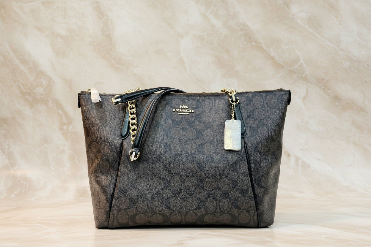 COACH AVA LARGE ZIP TOP TOTE IN SIGNATURE BLACK BROWN