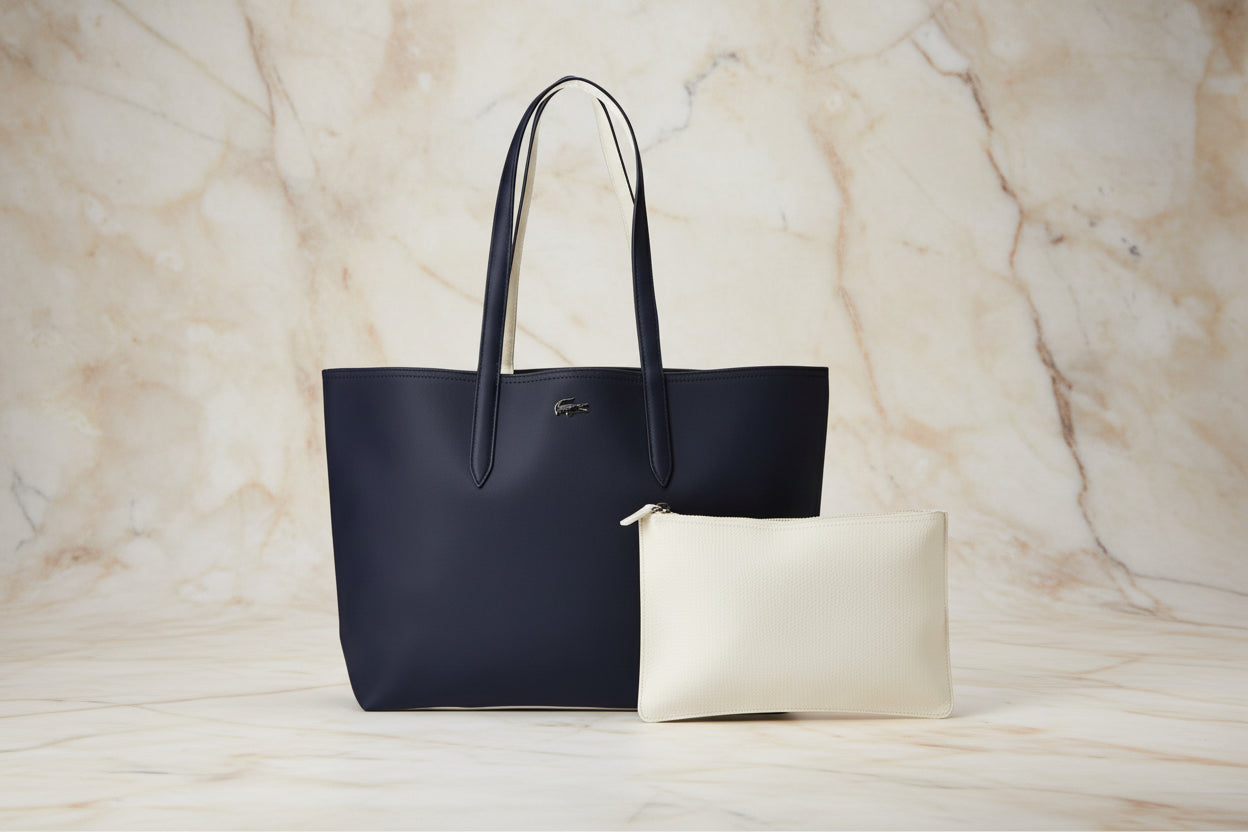 LACOSTE LARGE TOTE WITH LARGE POUCH - REVERSIBLE - NAVY BLUE