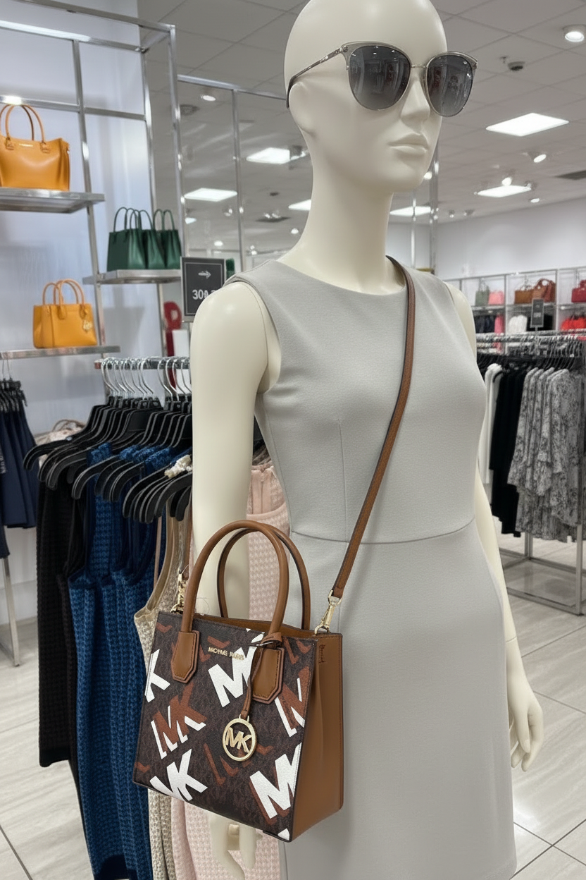 MICHAEL KORS MERCER MEDIUM MESSENGER BAG - LUGGAGE MULTI GRAPHIC LOGO