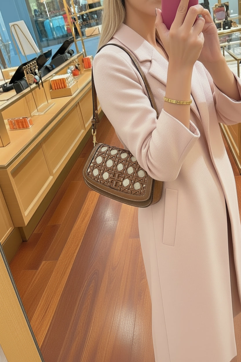 TORY BURCH BRITTEN  BASKET WEAVE CONVERTIBLE CRISSBODY/SHOULDER BAG - MOOSE COLOR