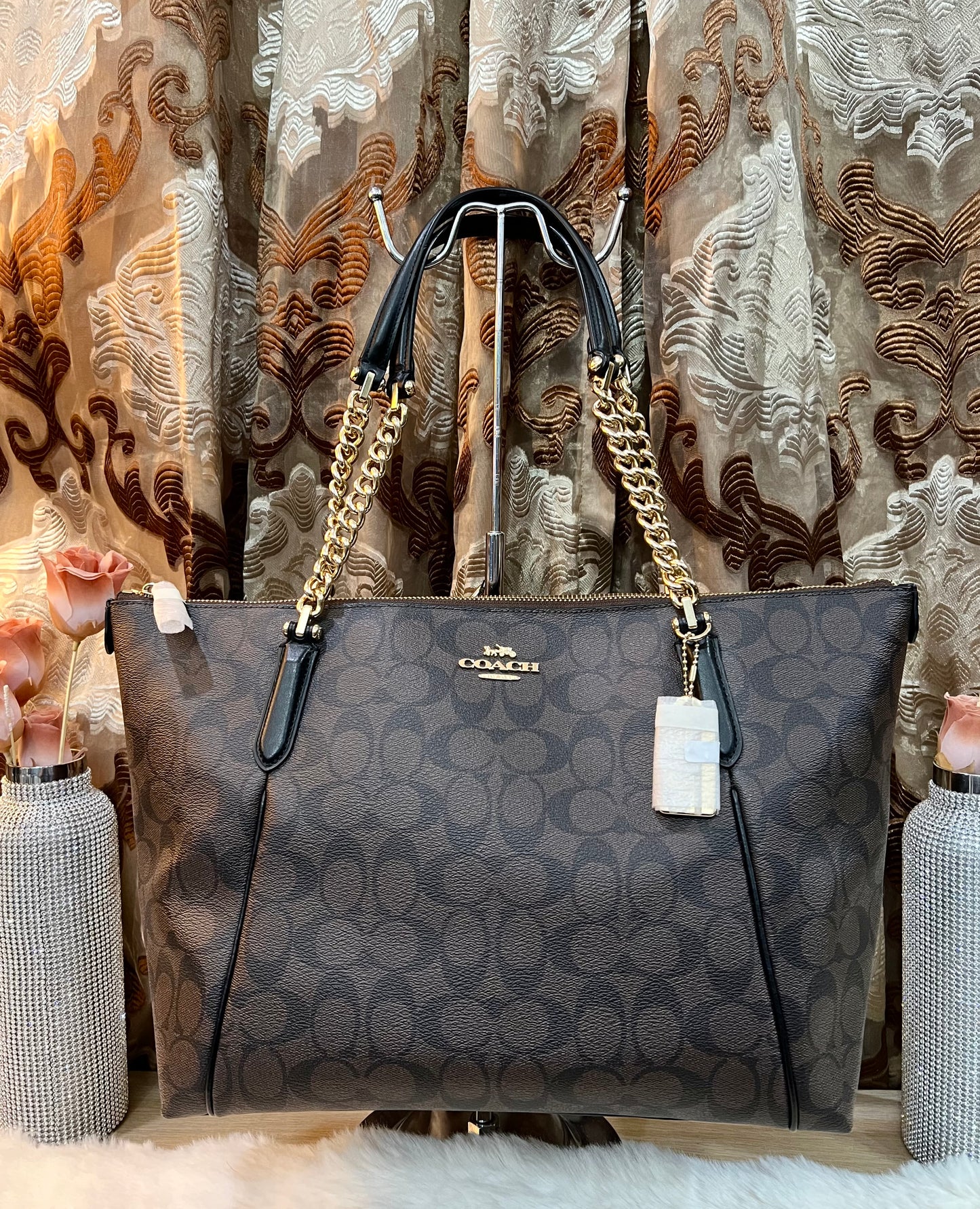 COACH AVA LARGE ZIP TOP TOTE IN SIGNATURE BLACK BROWN