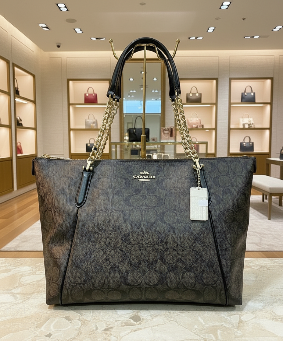 COACH AVA LARGE ZIP TOP TOTE IN SIGNATURE BLACK BROWN