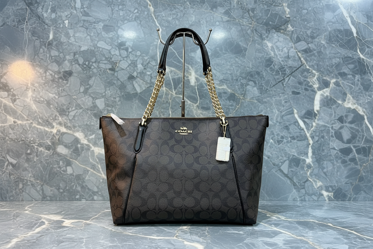 COACH AVA LARGE ZIP TOP TOTE IN SIGNATURE BLACK BROWN
