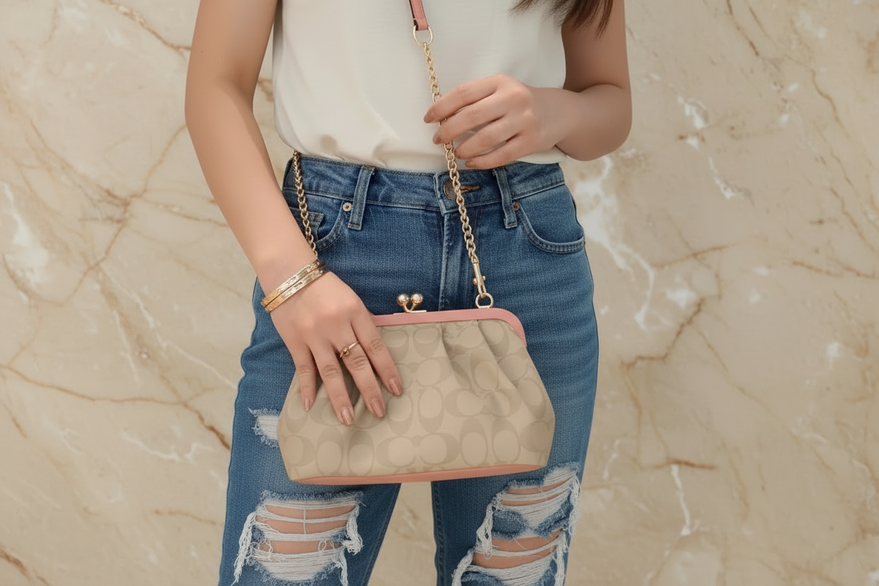 COACH NORA KISSLOCK CLUTCH/CROSSBODY IN SIGNATURE CHALK/IVORY/PINK
