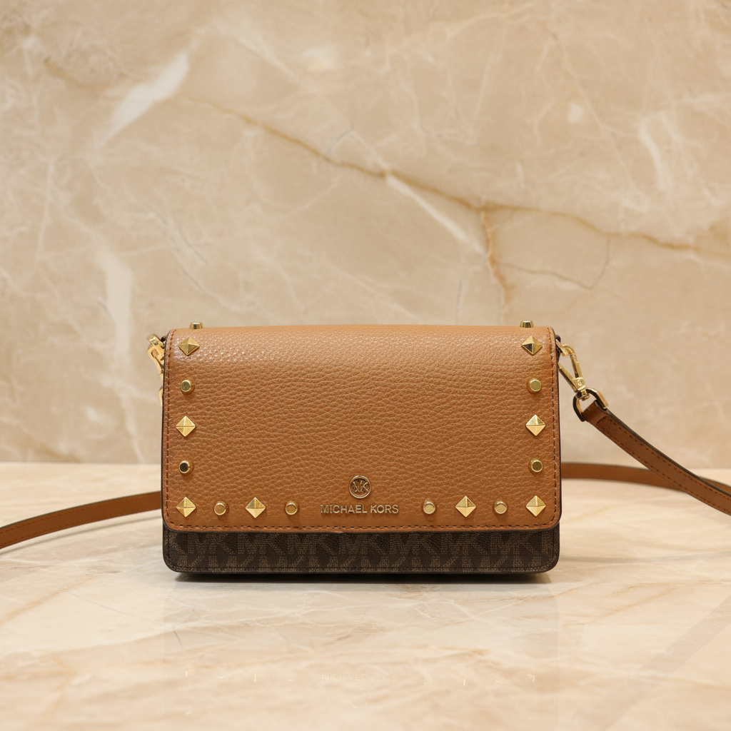 MICHAEL KORS Jet Set Small Studded Faux Leather & Logo Smartphone Crossbody Bag - SALE ‼️ With slight bumped in front ( From Boutique Store )