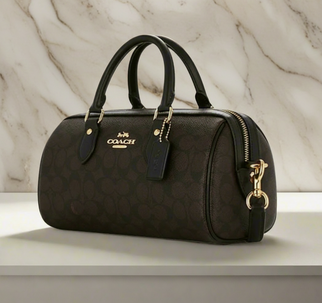 حقيبة كوتش متوسطة الحجم طويلة من قماش الروان - لون الجوز الأسود