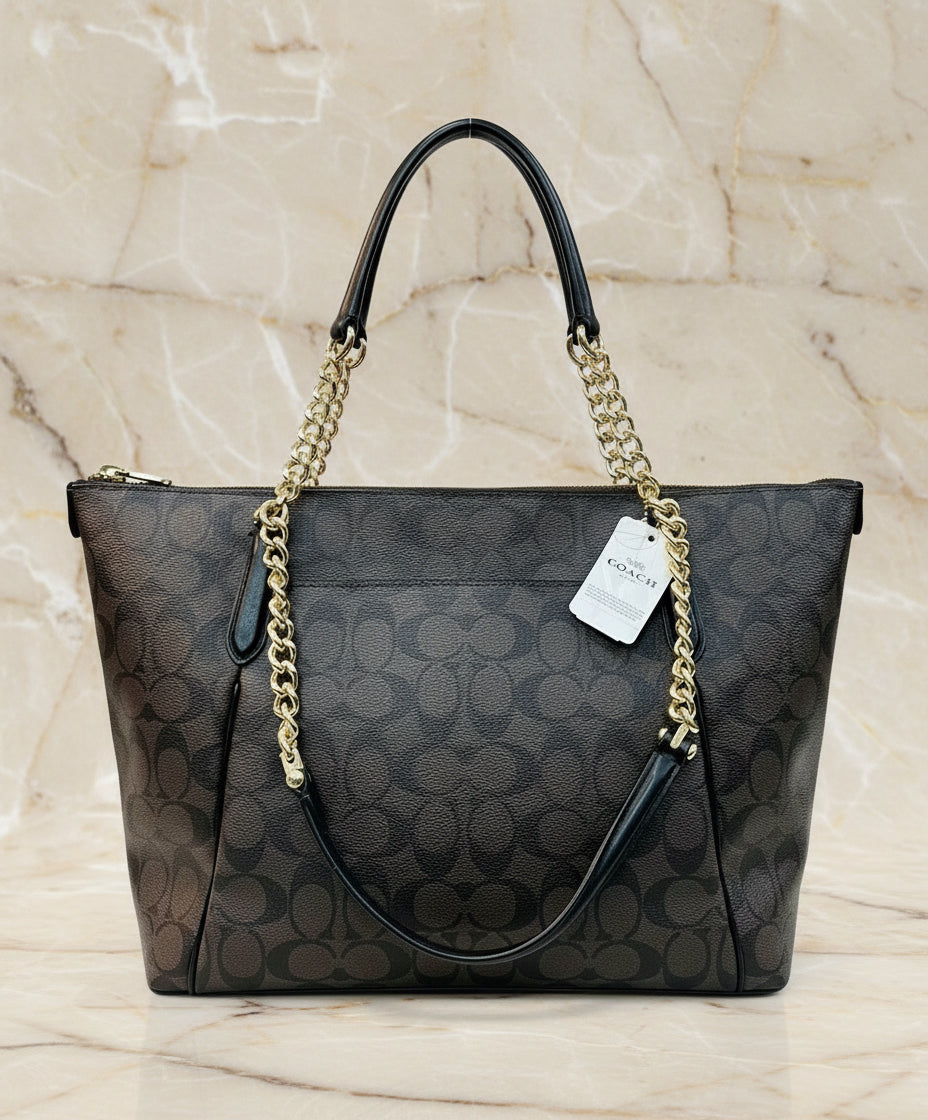 COACH AVA LARGE ZIP TOP TOTE IN SIGNATURE BLACK BROWN