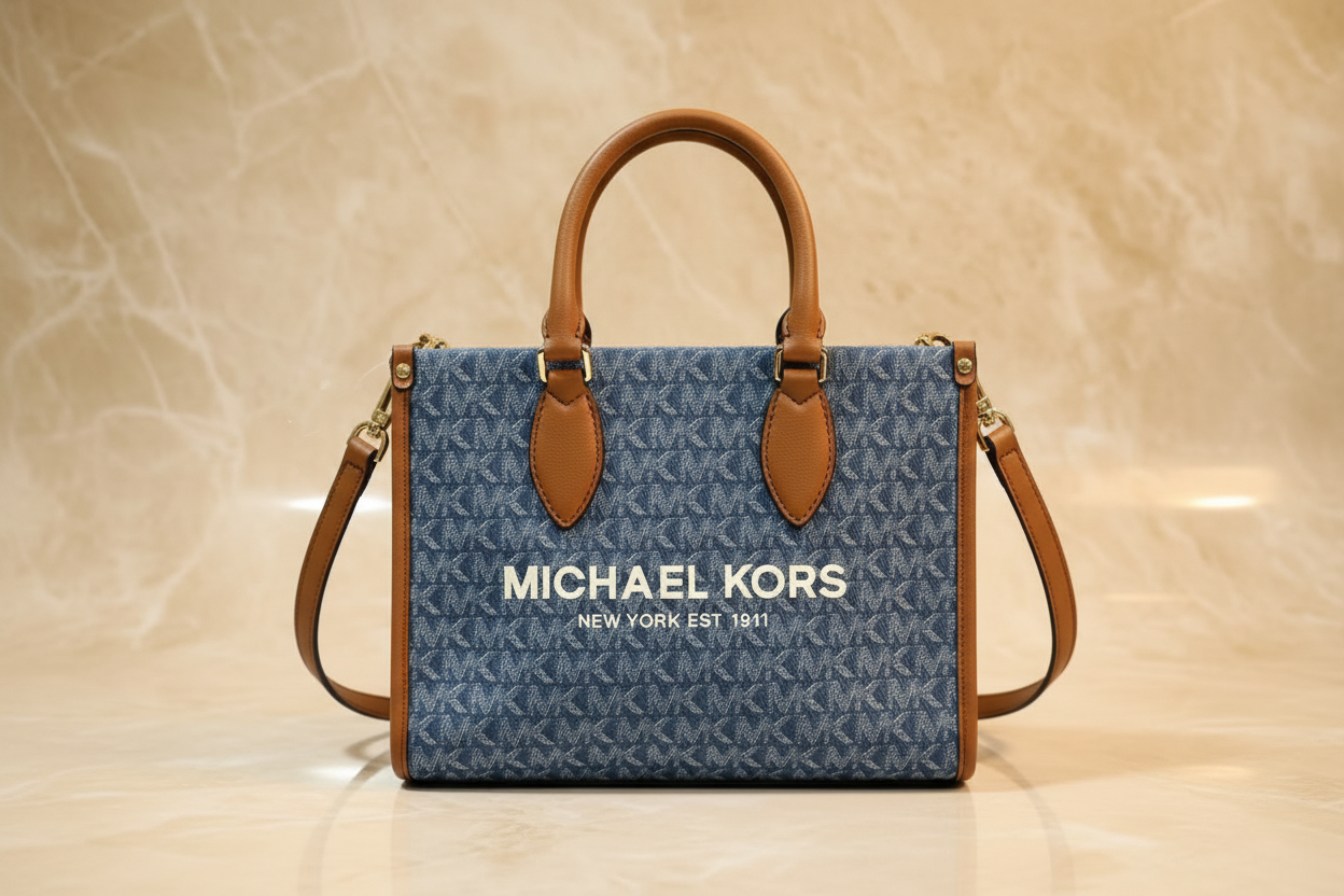MICHAEL KORS MIRELLA SMALL SHOPPER TOP ZIP CROSSBODY BAG - DENIM MULTI LOGO