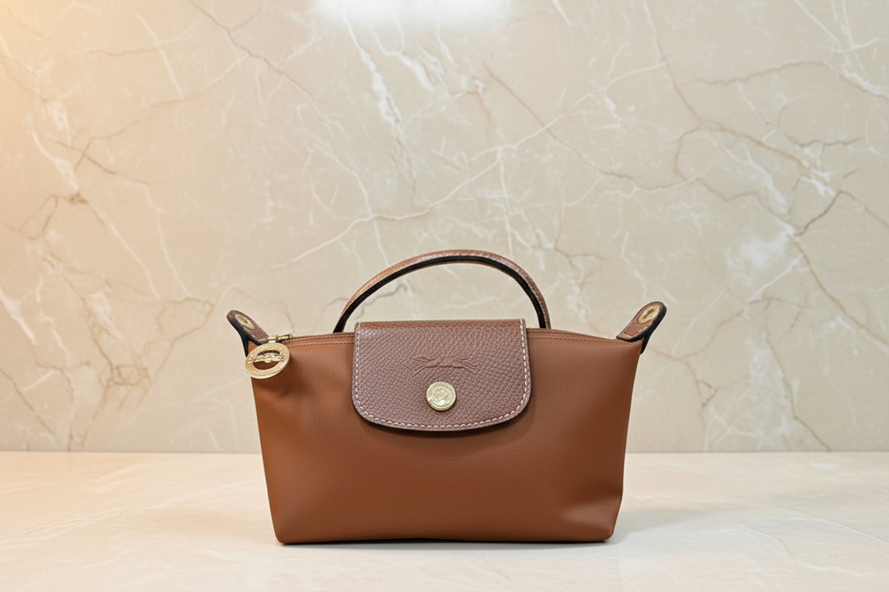 LONGCHAMP MICRO LE PLIAGE POUCH WITH STRAP - BROWN