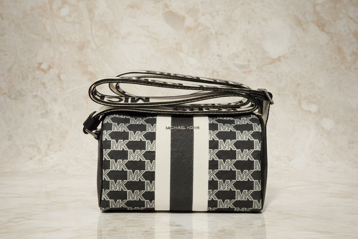 MICHAEL KORS COOPER MINI DUFFLE CROSSBODY IN SIGNATURE CANVAS STRIPE NWT BLACK MULTI