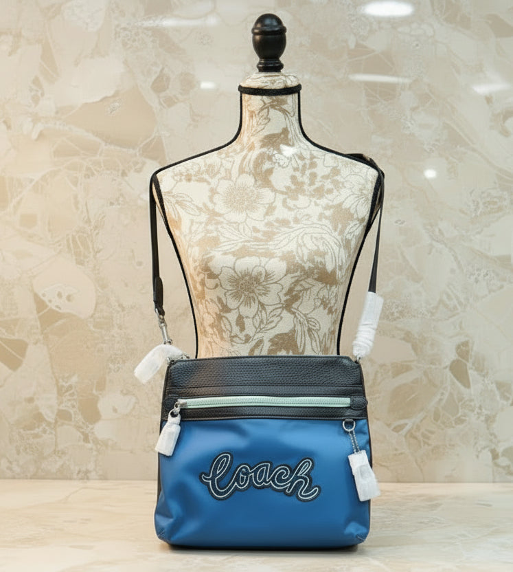 COACH VALE FILE CROSSBODY - NYLON/PEBBLE LEATHER CERULEAN MULTI COLOR