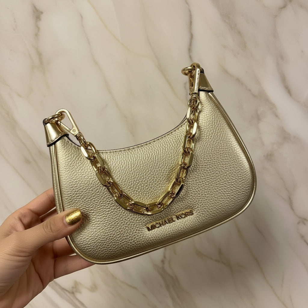 MICHAEL KORS MINI CORA CHAIN SHOULDER BAG/CROSBODY BAG - METTALIC PEBBLE GOLD