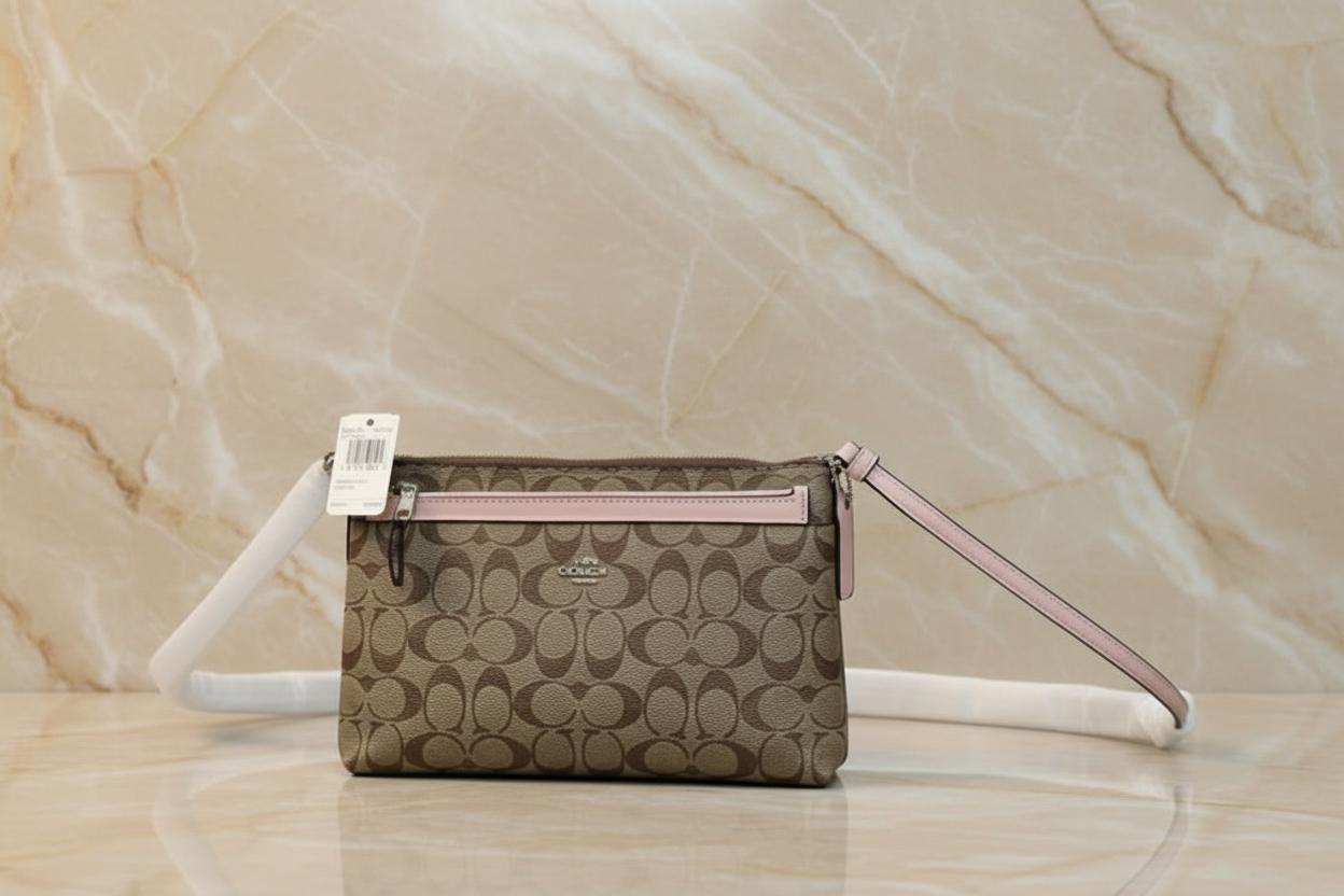 SALE‼️ COACH EAST WEST CROSSBODY WITH POP-UP POUCH KHAKI-PINK - WITH FLAWS/PEELED OFF/SCALED FROM THE CREED INSIDE, SEE PHOTO