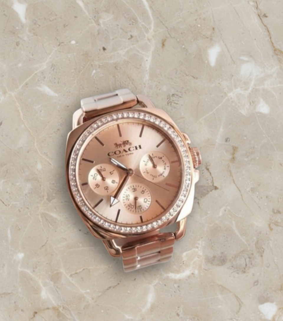 ساعة كوتش ذات وجه كبير - مطلية بالذهب الوردي والفولاذ المقاوم للصدأ