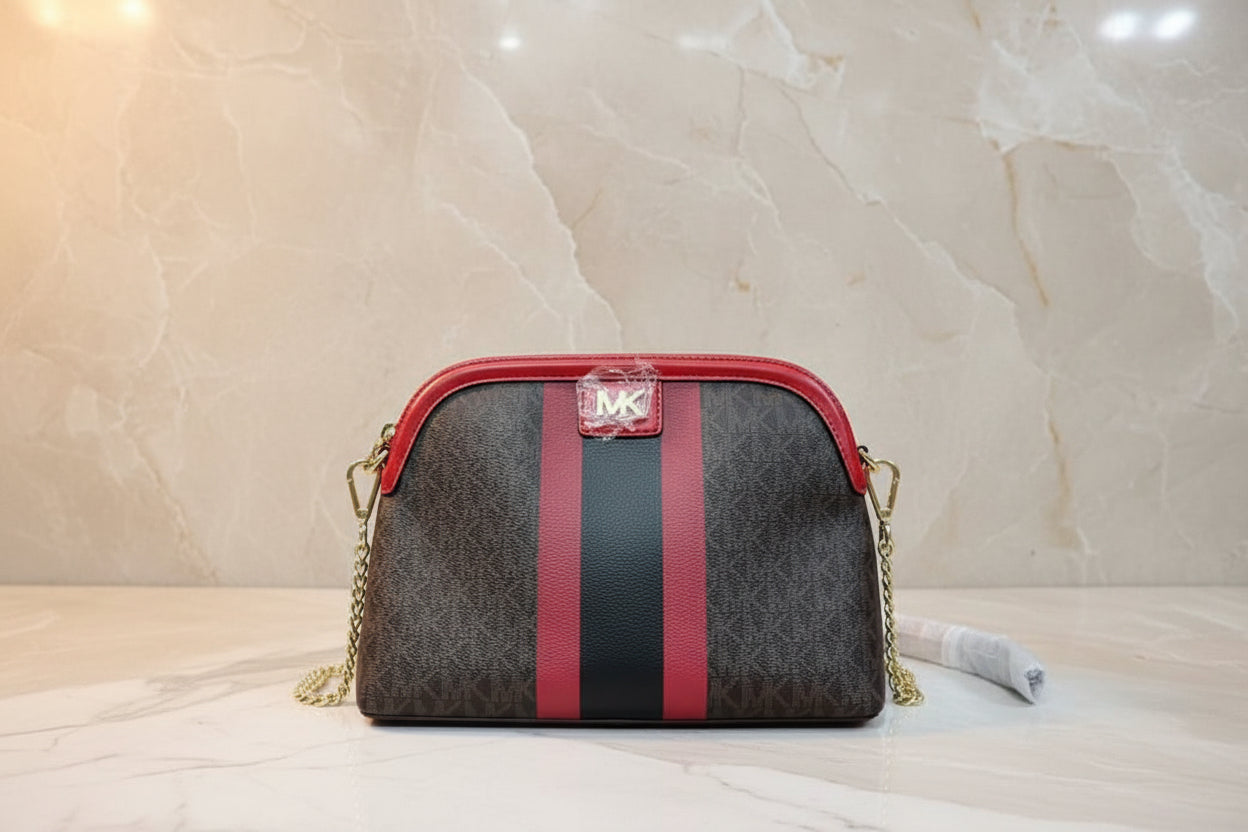 MICHAEL KORS DOME LOGO CENTER STRIPE CHAIN CROSSBODY