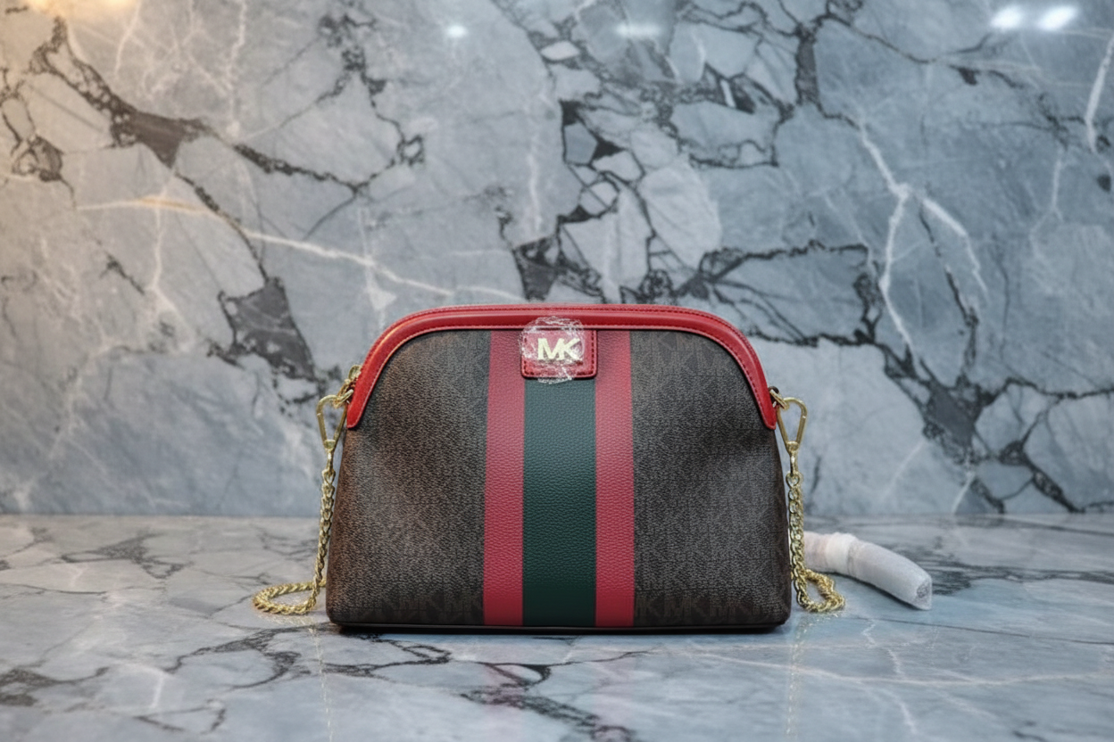MICHAEL KORS DOME LOGO CENTER STRIPE CHAIN CROSSBODY