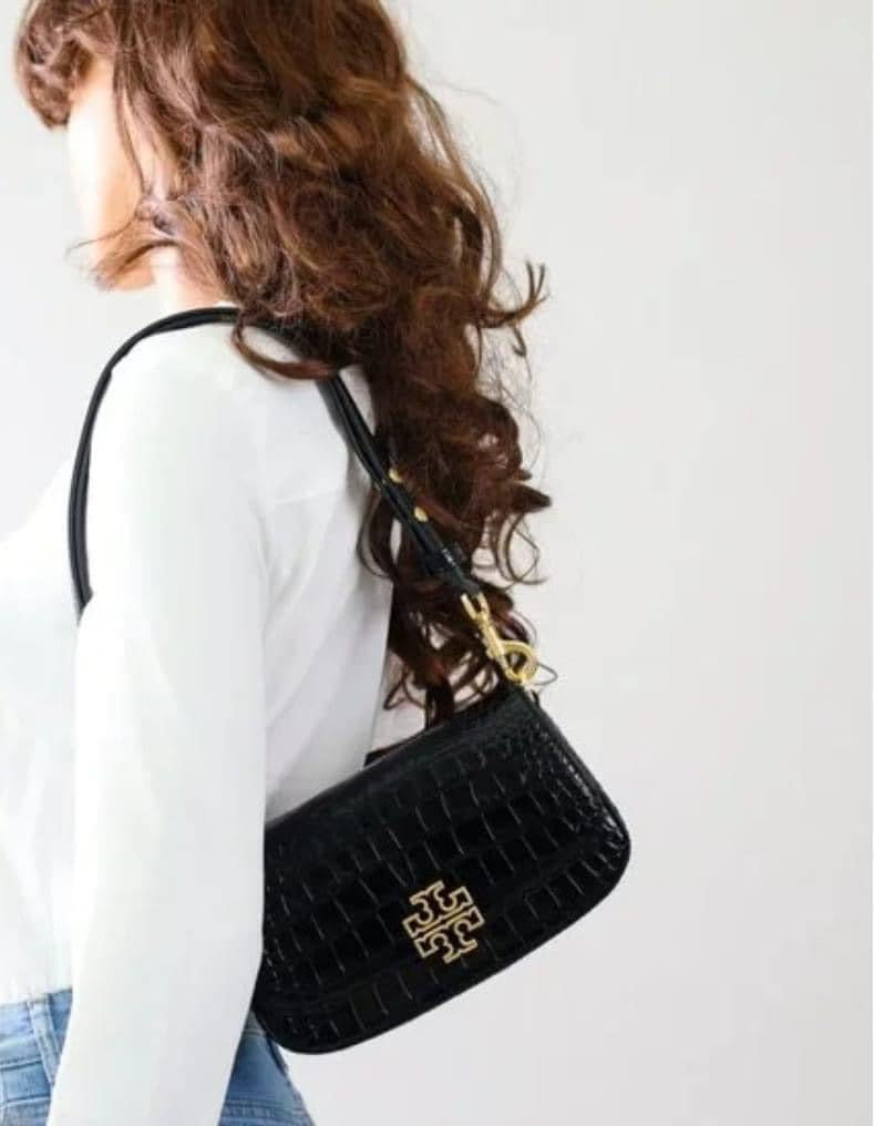 SALE! MISSING 1 BUTTON ON SHOULDER STRAP - TORY BURCH EMBOSSED CROC BRITTEN CONVERTIBLE SHOULDER BAG/XBODY BAG - BLACK