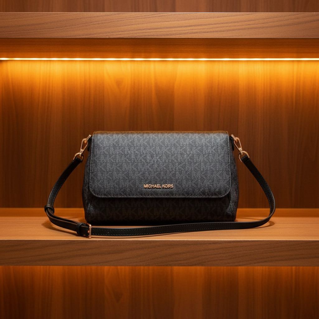 MICHAEL KORS LOGO FLAP CROSSBODY - MONOGRAM BLACK COLOR