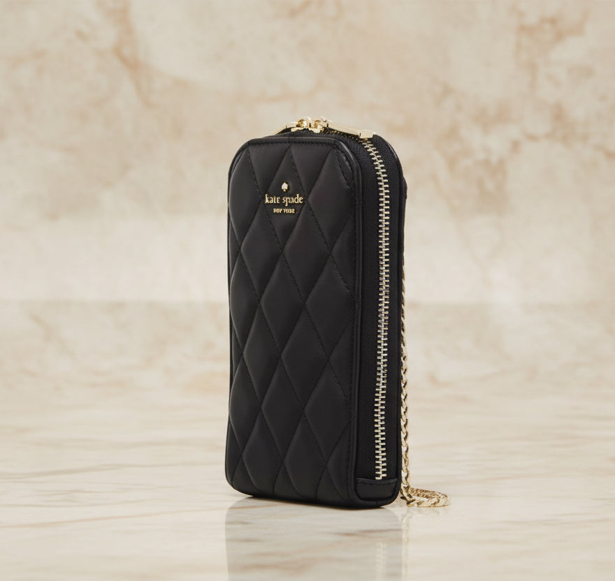 KATE SPADE CAREY NORTH SOUTH ZIP QUILTED PHONE CROSSBODY LEATHER - BLACK