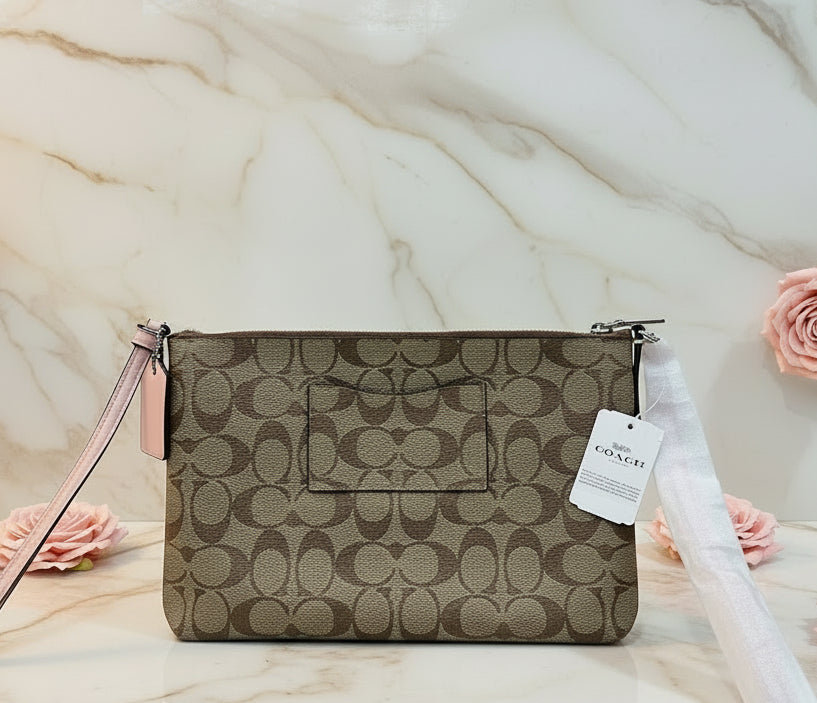 SALE‼️ COACH EAST WEST CROSSBODY WITH POP-UP POUCH KHAKI-PINK - WITH FLAWS/PEELED OFF/SCALED FROM THE CREED INSIDE, SEE PHOTO