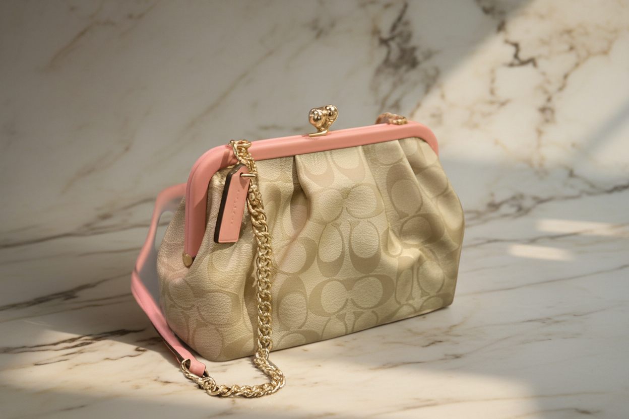 COACH NORA KISSLOCK CLUTCH/CROSSBODY IN SIGNATURE CHALK/IVORY/PINK