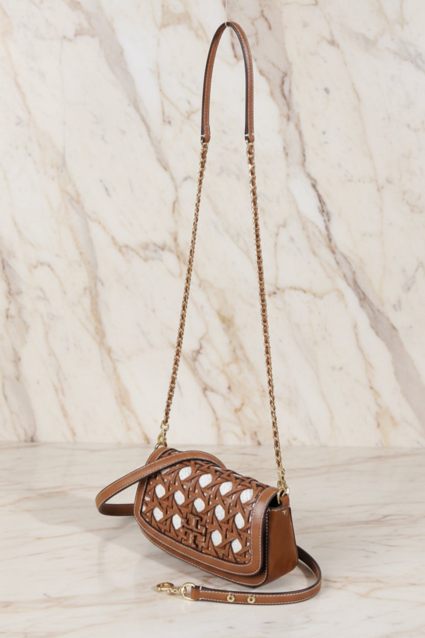 TORY BURCH BRITTEN  BASKET WEAVE CONVERTIBLE CRISSBODY/SHOULDER BAG - MOOSE COLOR