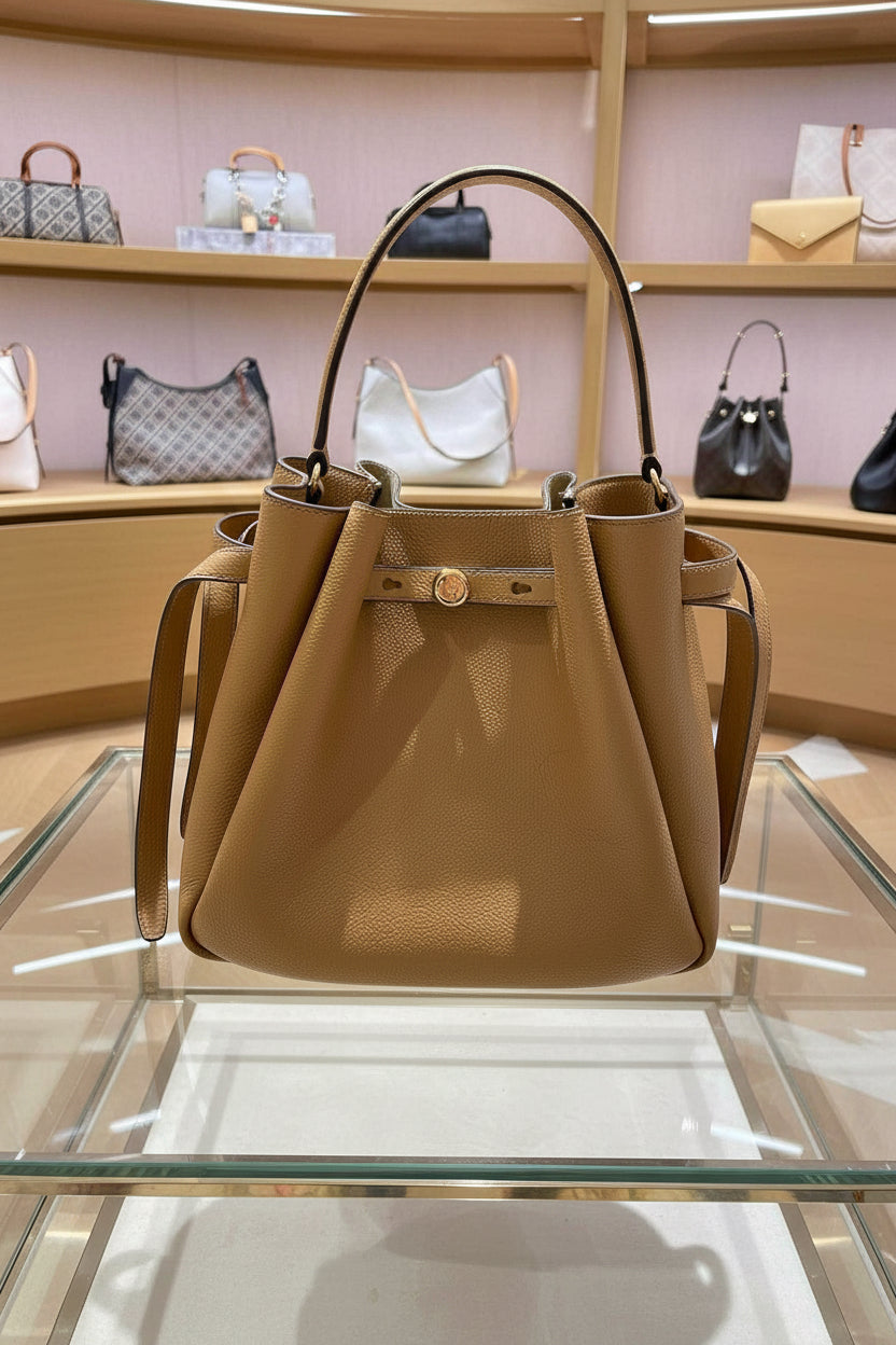 SALE!!! WITH CREASE IN FRONT DUE TO CARGO HANDLING - TORY BURCH SMALL ROMY BUCKET - BROWN