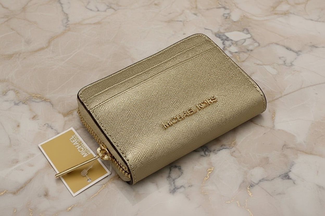 MICHAEL KORS JET SET TRAVEL ZIP AROUND CARD CASE/COIN PURSE WALLET - PALE GOLD
