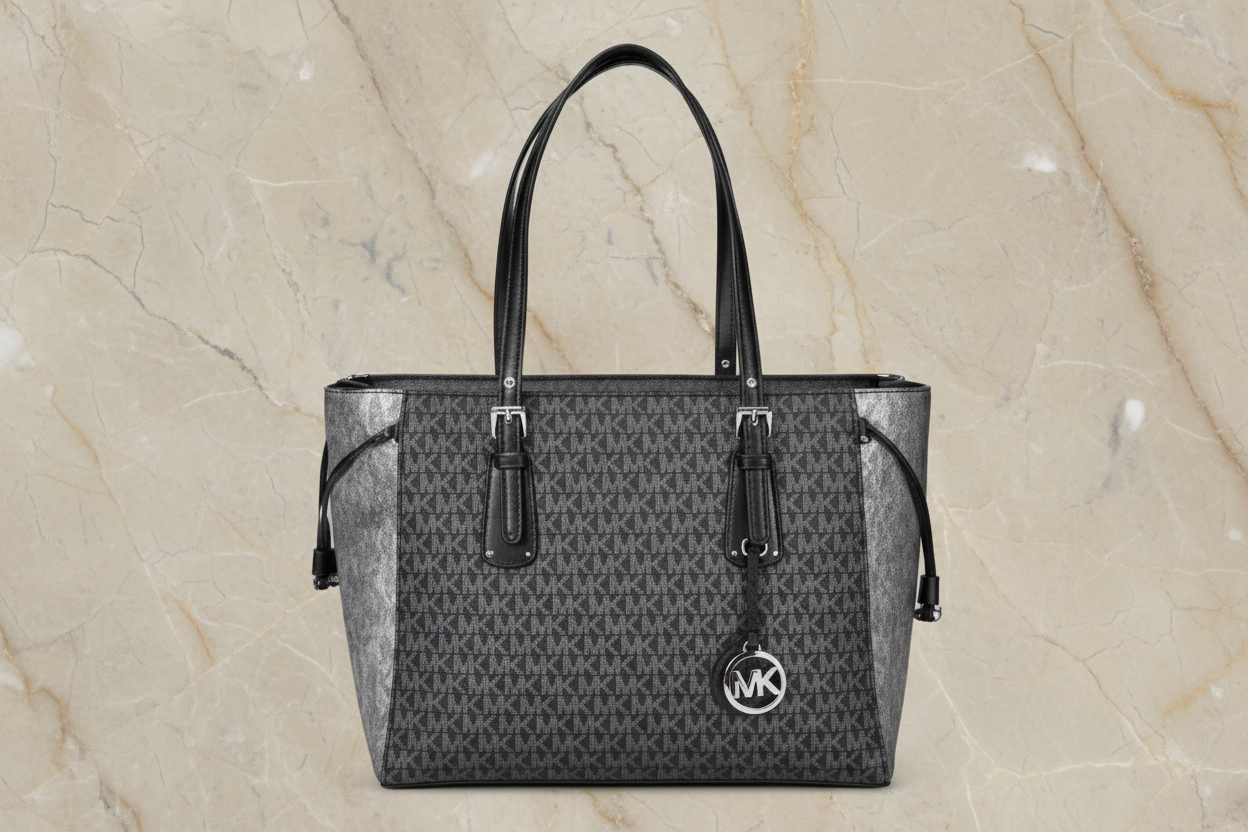 MICHAEL KORS VOYAGER 2 TONE METALLIC LOGO TOTE - MEDIUM