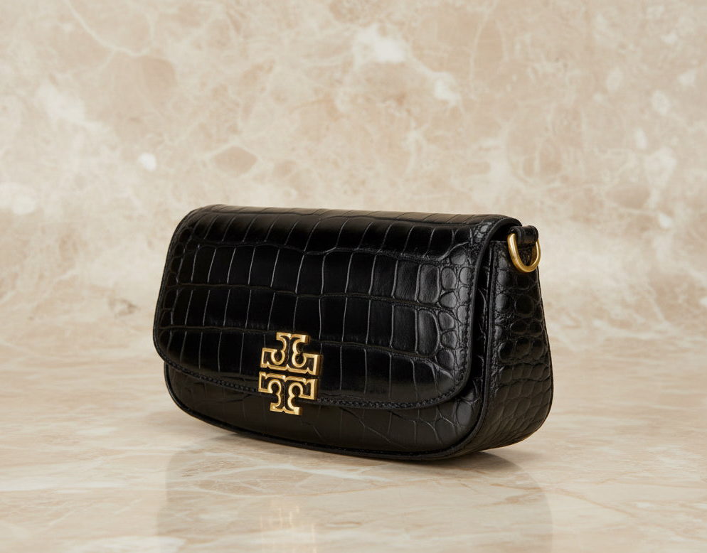 TORY BURCH EMBOSSED CROC BRITTEN CONVERTIBLE SHOULDER BAG/XBODY BAG - BLACK