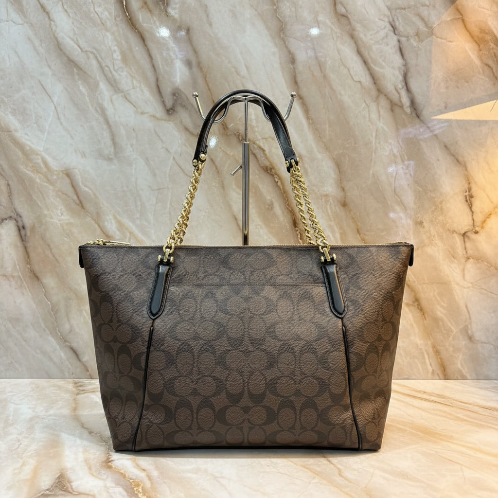 COACH AVA LARGE ZIP TOP TOTE IN SIGNATURE BLACK BROWN