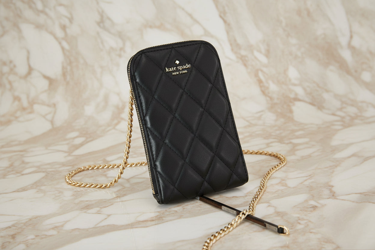 KATE SPADE CAREY NORTH SOUTH ZIP QUILTED PHONE CROSSBODY LEATHER - BLACK