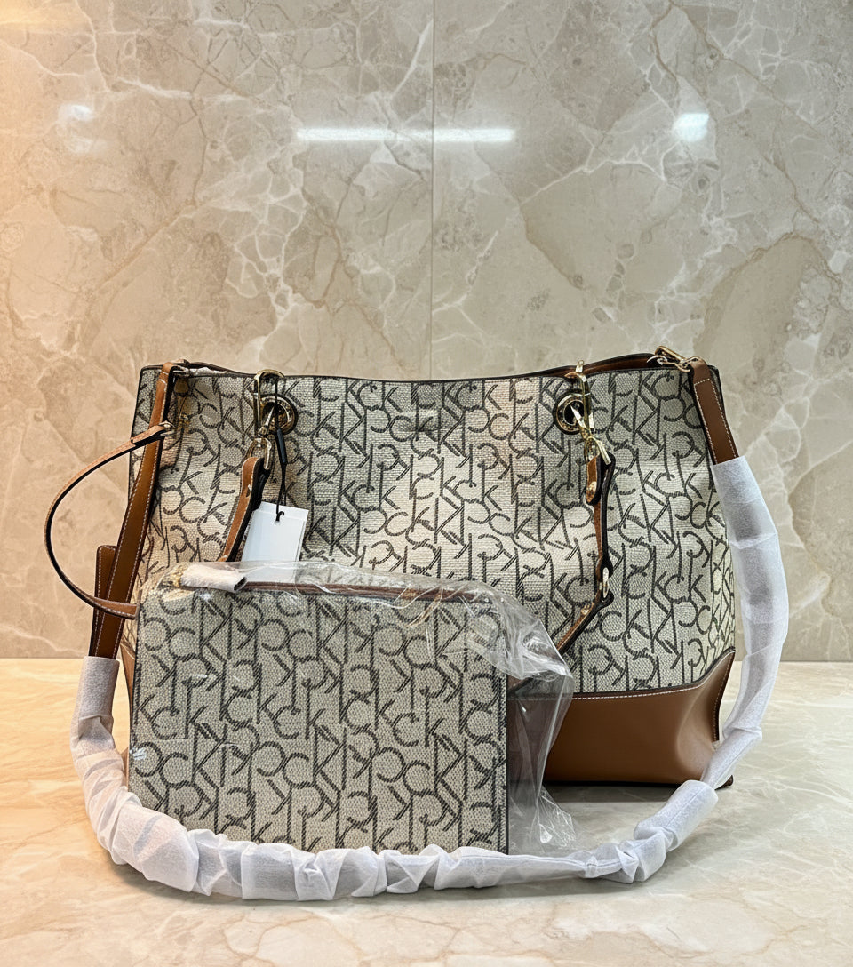 CALVIN KLEIN TOTE IN SIGNATURE LOGO BEIGE/BROWN- XL OPEN WITH LARGE ZIP POUCH & LONG STRAP