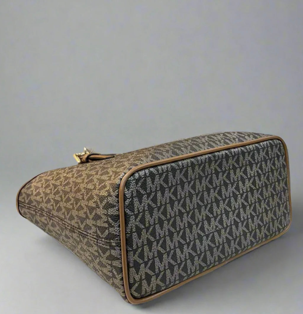 MICHAEL KORS XS JET SET CARRYALL TRAVEL ZIP TOTE - BLACK - BROWN MULTI WITH A TOUCH OF METTALIC GOLD