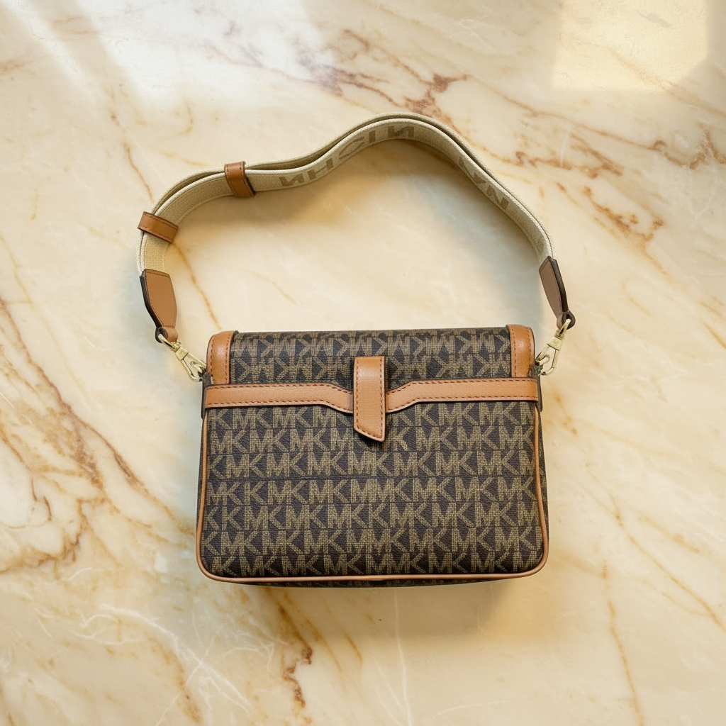 MICHAEL KORS JET SET LOGO SMARTPHONE CROSSBODY BAG- BROWN ACORN - WOVEN