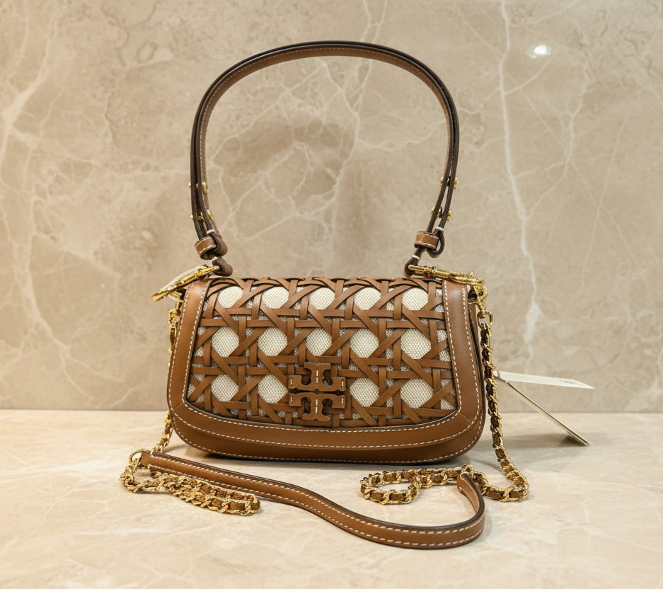 TORY BURCH BRITTEN  BASKET WEAVE CONVERTIBLE CRISSBODY/SHOULDER BAG - MOOSE COLOR