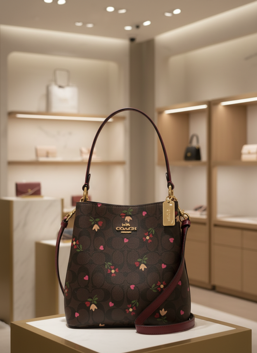 COACH SMALL TOWN BUCKET IN SIGNATURE CANVAS WITH HEART PETAL PRINT