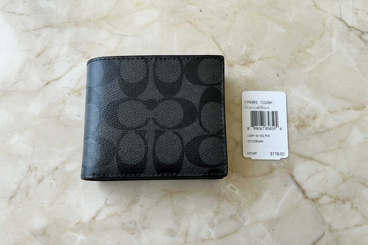 COACH MEN’S BIFOLD WALLET WITH INSERT - SIGNATURE CHARCOAL BLACK - NO INSERT