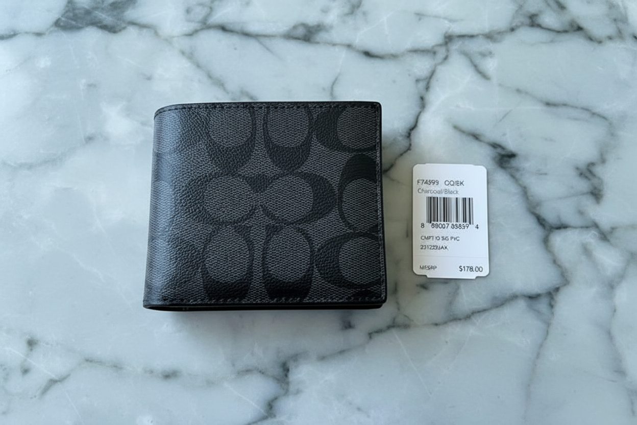 COACH MEN’S BIFOLD WALLET WITH INSERT - SIGNATURE CHARCOAL BLACK - NO INSERT