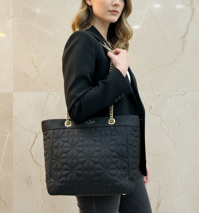 KATE SPADE  SPADE QUILTED FLOWER TOTE - MEDIUM - BLACK