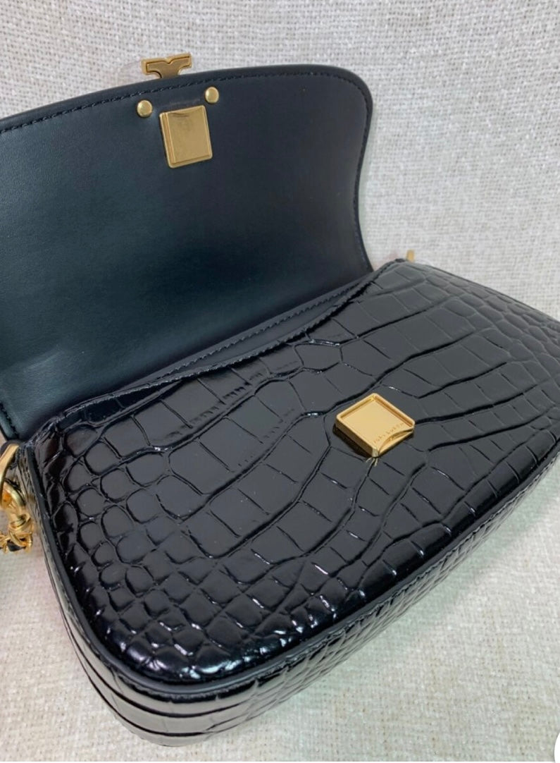 SALE! MISSING 1 BUTTON ON SHOULDER STRAP - TORY BURCH EMBOSSED CROC BRITTEN CONVERTIBLE SHOULDER BAG/XBODY BAG - BLACK