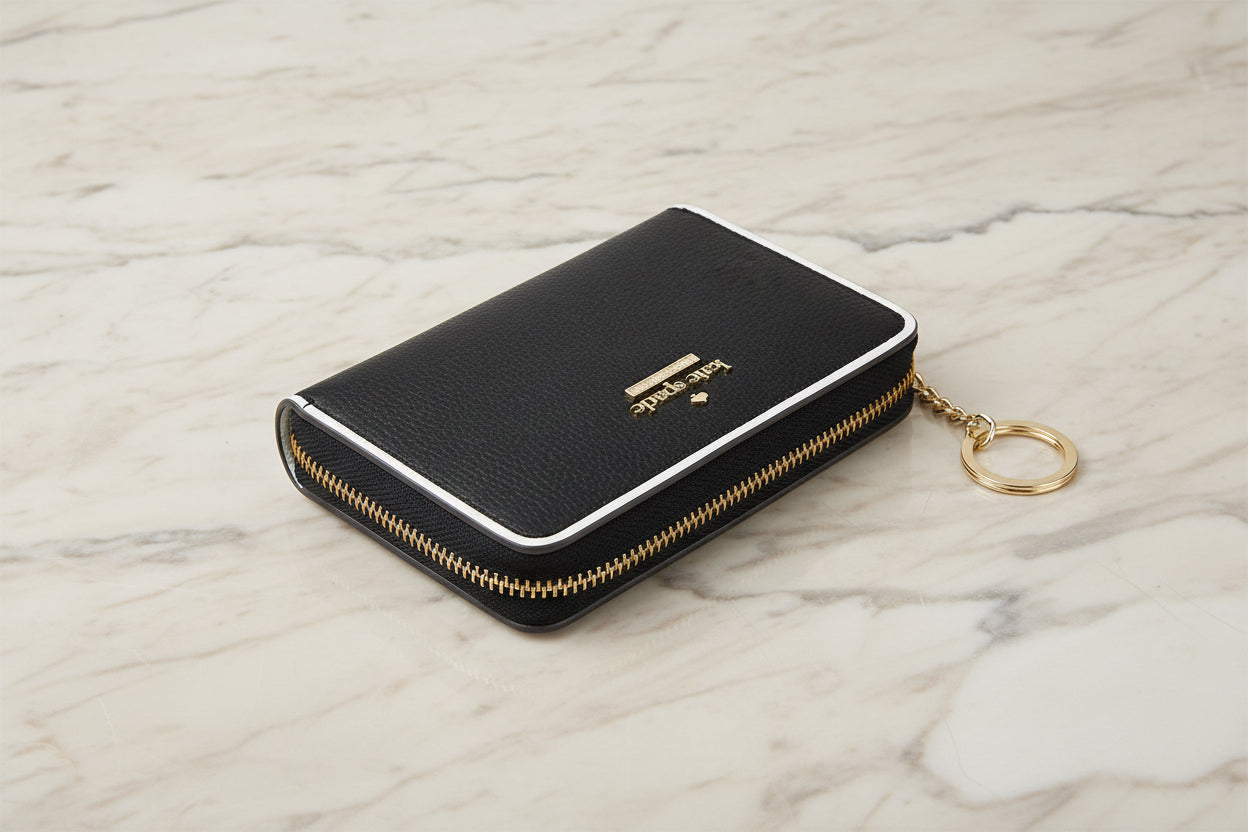 Kate Spade Wallet Black Pebbled & White Trim Key Chain Dani Patterson Drive
