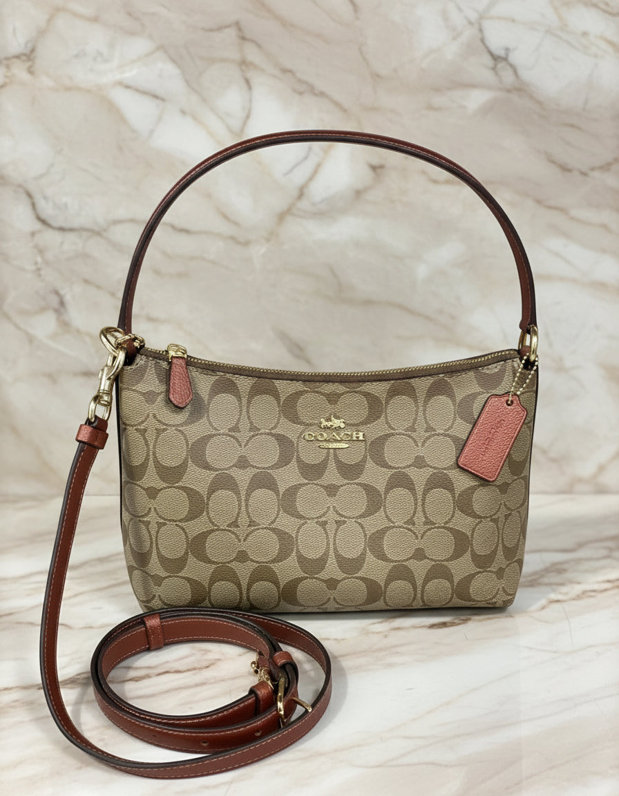 COACH BUNDLE LEWIS SHOULDER BAG/CROSSBODY BAG & ZIP AROUND WRISLET WALLET IN SIGNATURE CANVAS METTALIC CLAY LINING