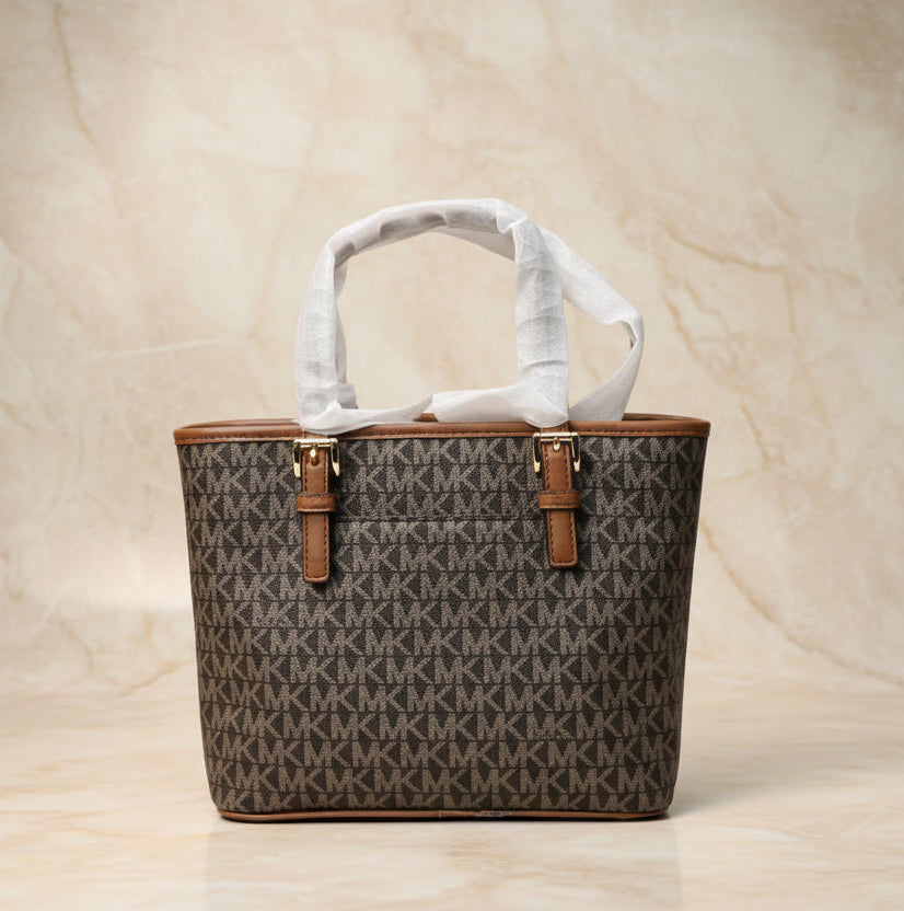 MICHAEL KORS XS JET SET CARRYALL TRAVEL ZIP TOTE - BLACK - BROWN MULTI WITH A TOUCH OF METTALIC GOLD