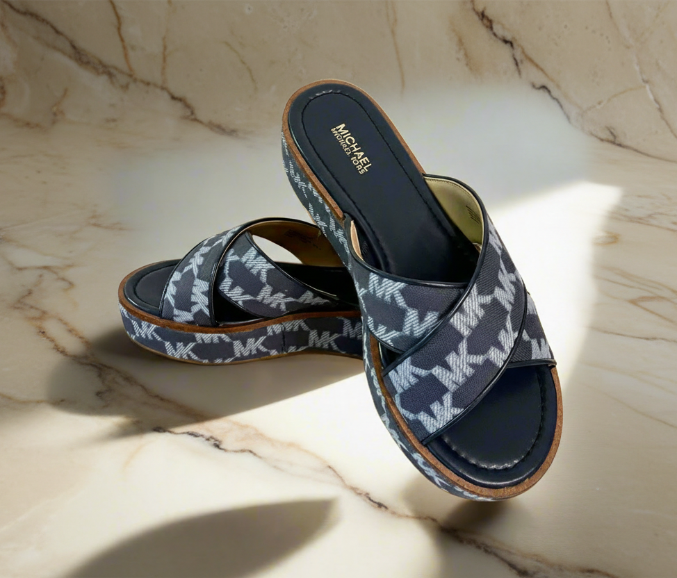 MICHAEL KORS INDIRA LOGO JACQUARD PLATFORM SANDALS - BLUE - SIZE 6 CAN FIT TO SIZE 5.5