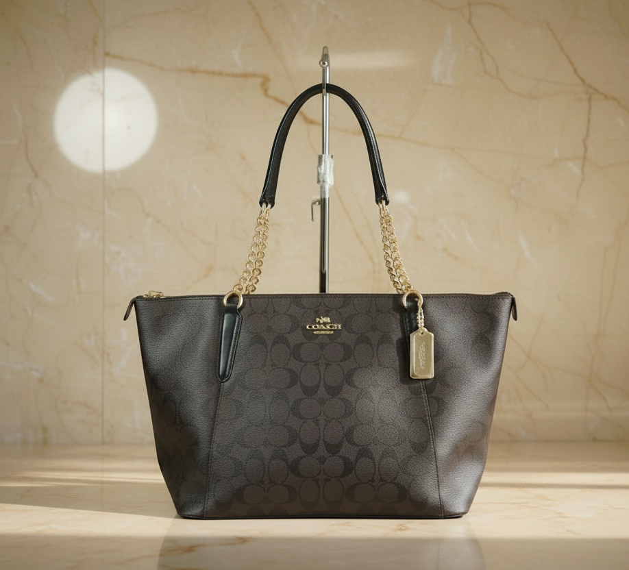 COACH AVA LARGE ZIP TOP TOTE IN SIGNATURE BLACK BROWN