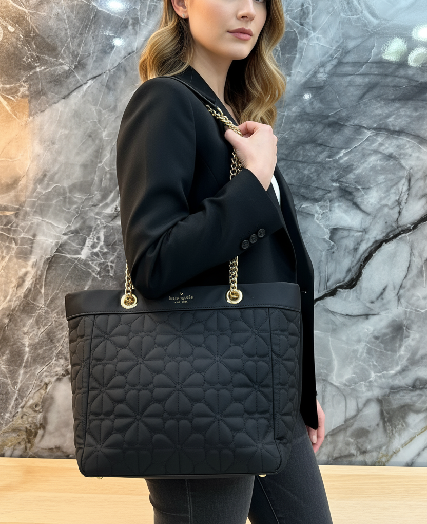 حقيبة كيت سبيد المبطنة والمزينة بالزهور - متوسطة الحجم - سوداء